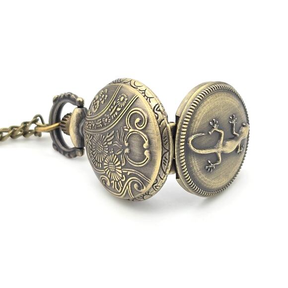 Lizard Pendant Watch - Mini Pocket Watch Vintage Look Gecko Iguana Necklace - Picture 4 of 10